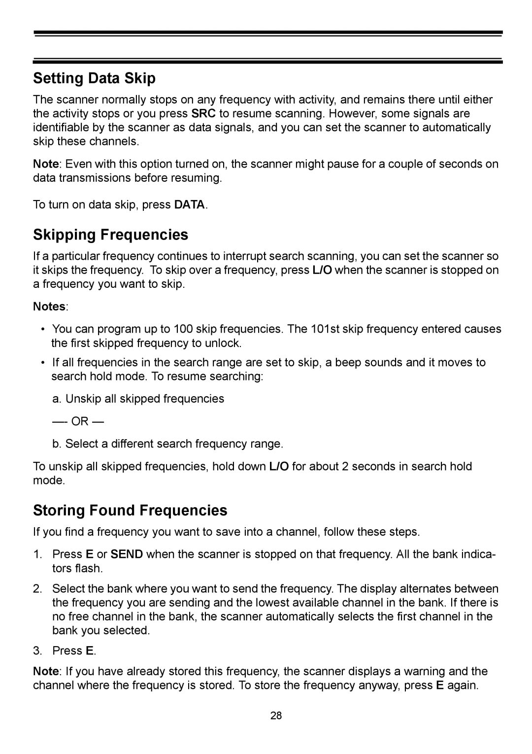 Uniden BC898T manual Setting Data Skip, Skipping Frequencies, Storing Found Frequencies 