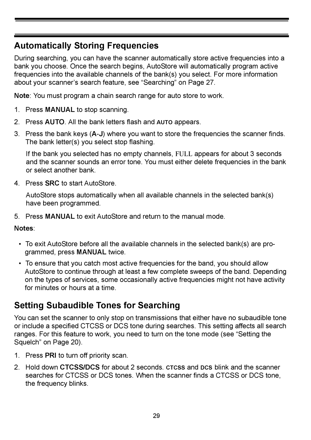 Uniden BC898T manual Automatically Storing Frequencies, Setting Subaudible Tones for Searching 
