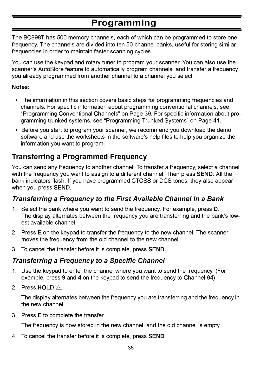 Uniden BC898T manual Programming, Transferring a Programmed Frequency, Transferring a Frequency to a Specific Channel 