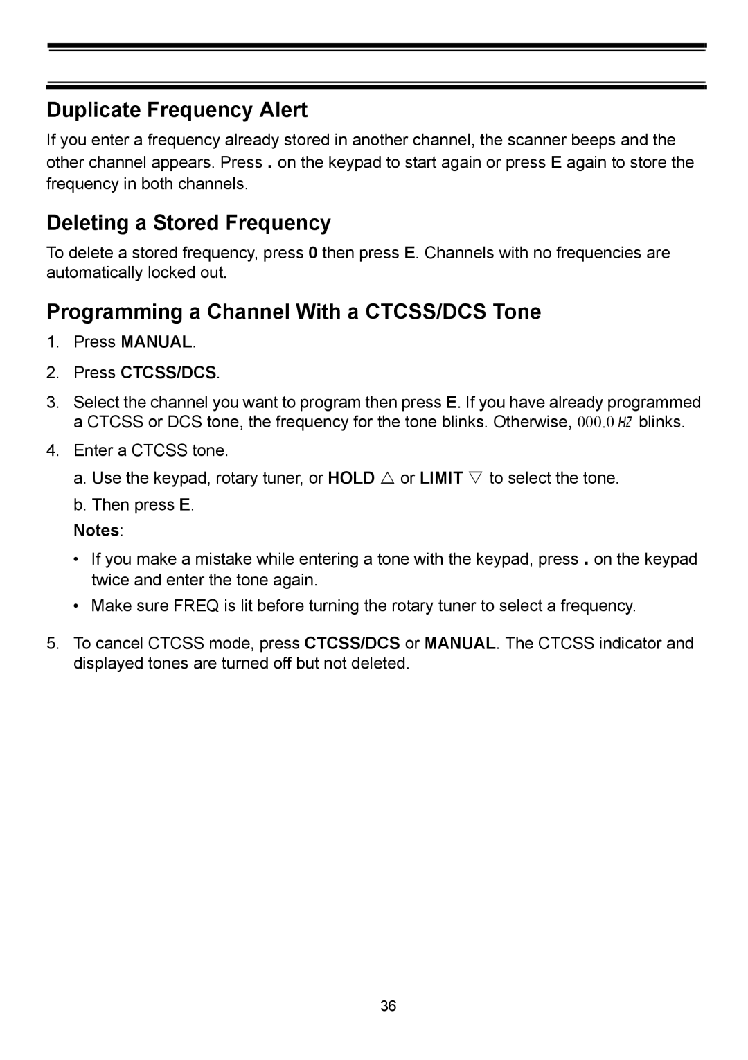 Uniden BC898T manual Duplicate Frequency Alert, Deleting a Stored Frequency, Programming a Channel With a CTCSS/DCS Tone 