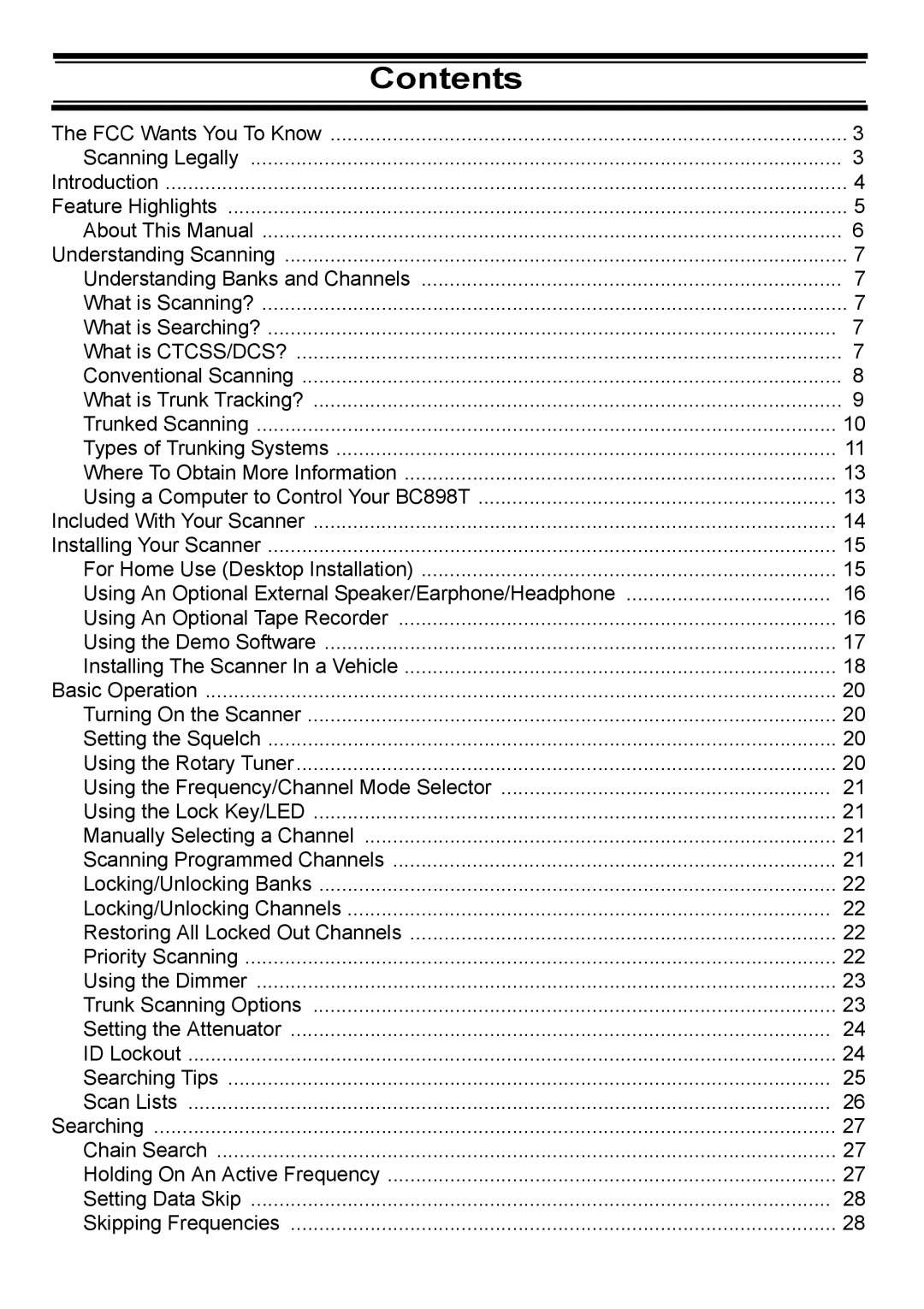 Uniden BC898T manual Contents 