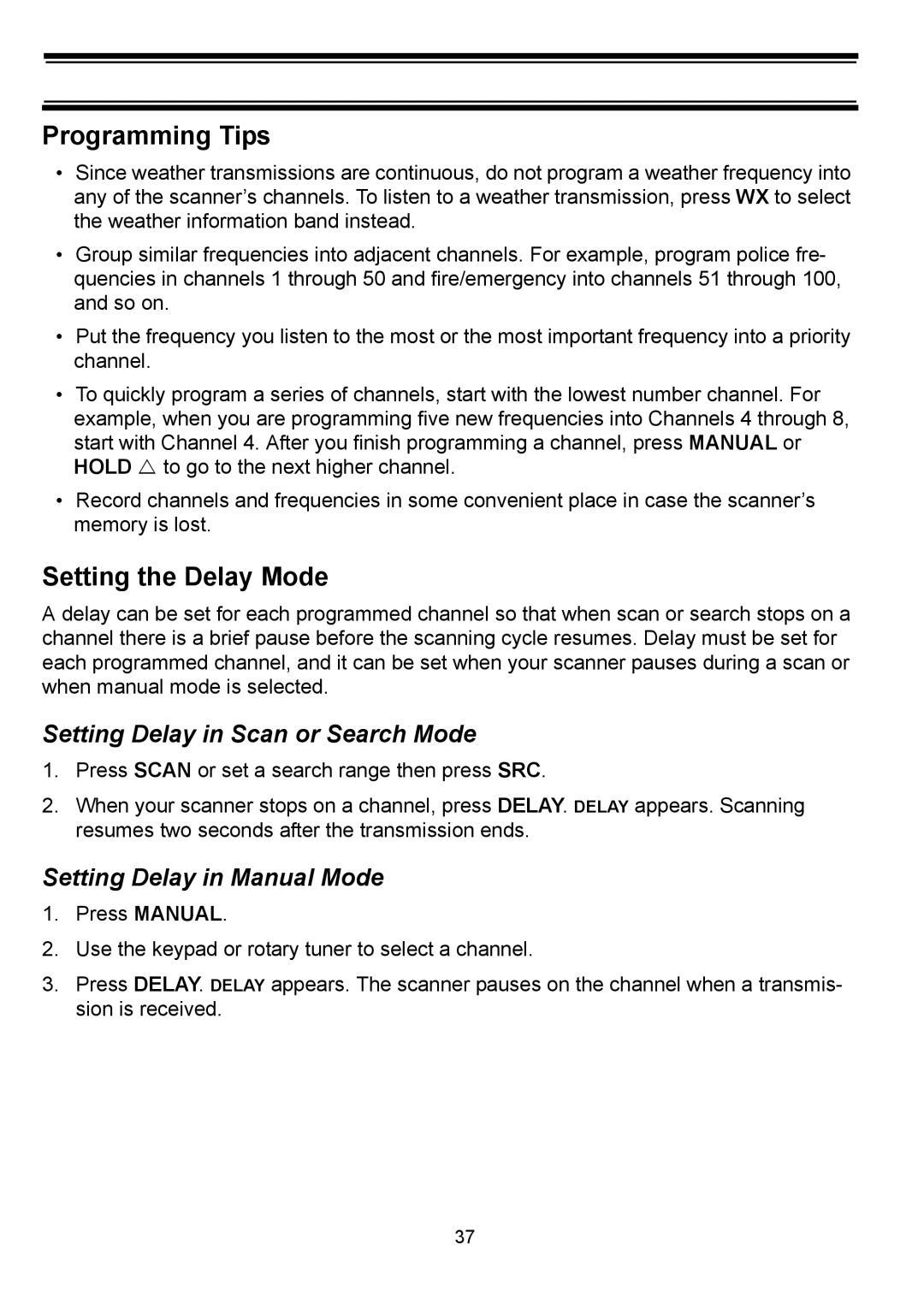 Uniden BC898T Programming Tips, Setting the Delay Mode, Setting Delay in Scan or Search Mode, Setting Delay in Manual Mode 