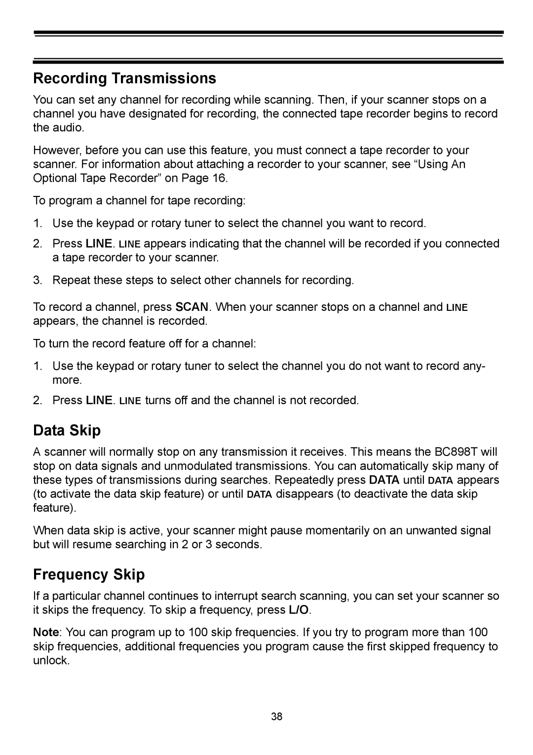 Uniden BC898T manual Recording Transmissions, Data Skip, Frequency Skip 