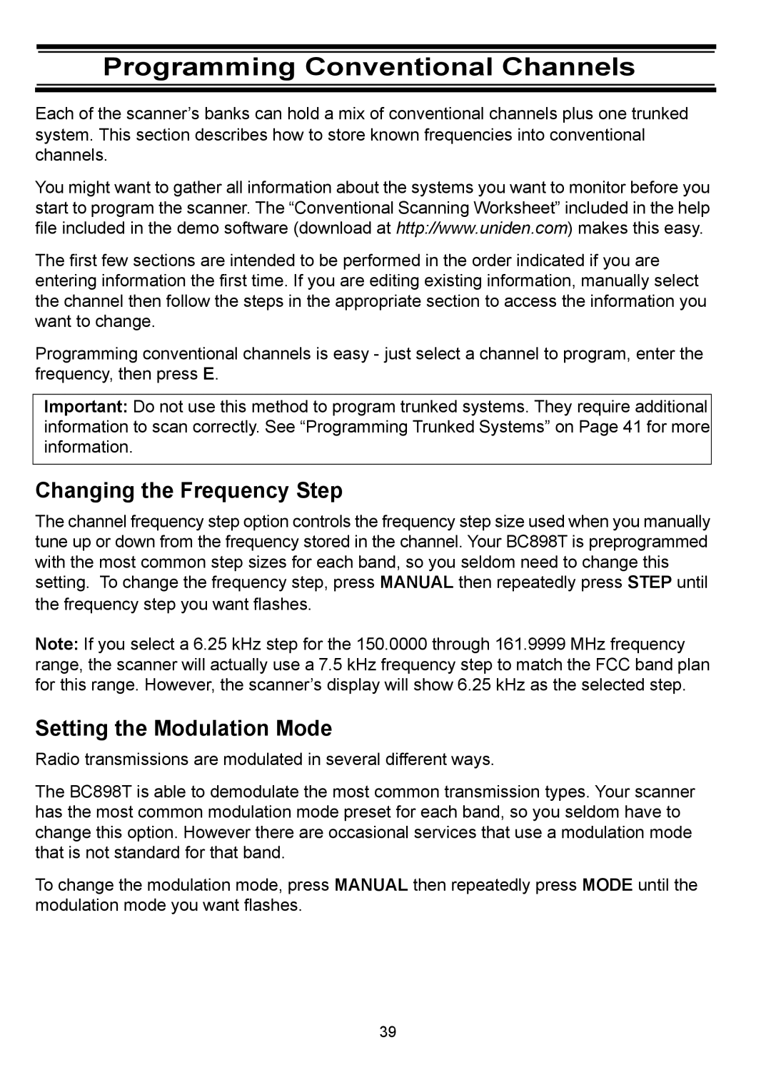Uniden BC898T manual Programming Conventional Channels, Changing the Frequency Step, Setting the Modulation Mode 
