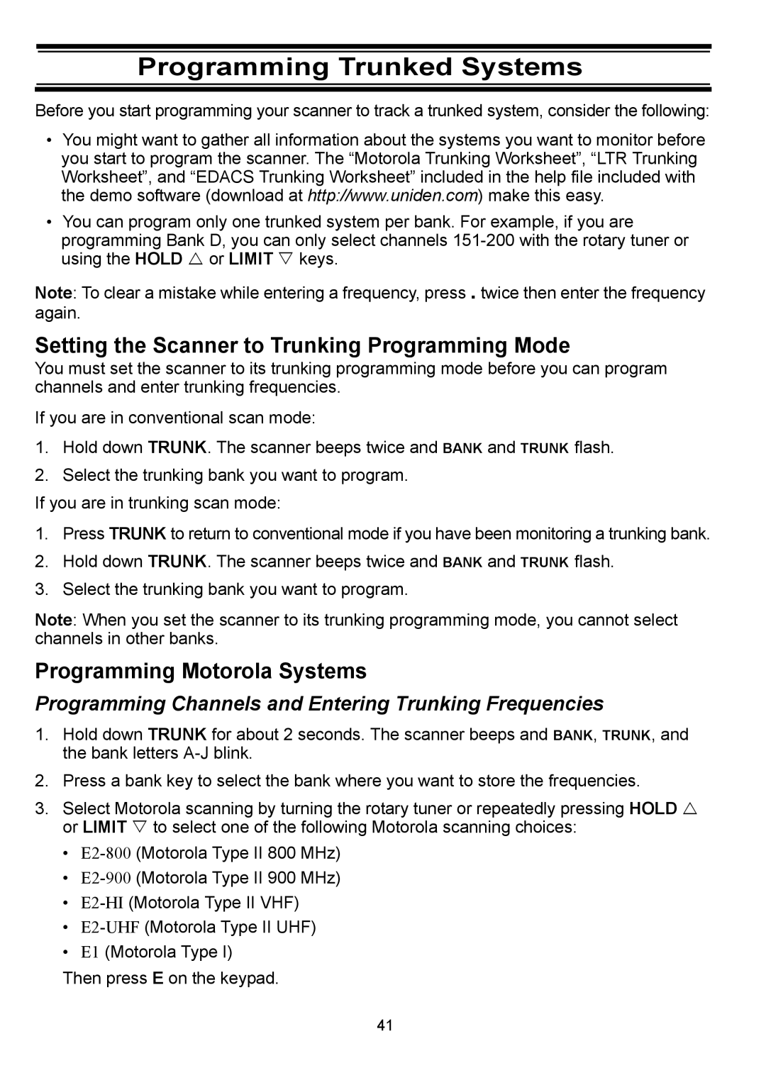 Uniden BC898T Programming Trunked Systems, Setting the Scanner to Trunking Programming Mode, Programming Motorola Systems 