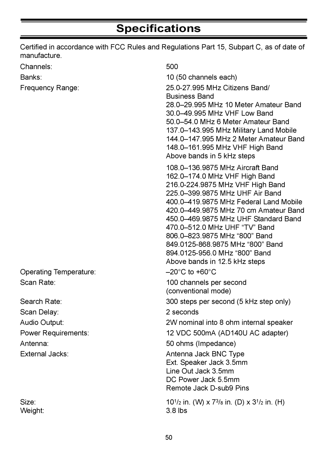 Uniden BC898T manual Specifications 