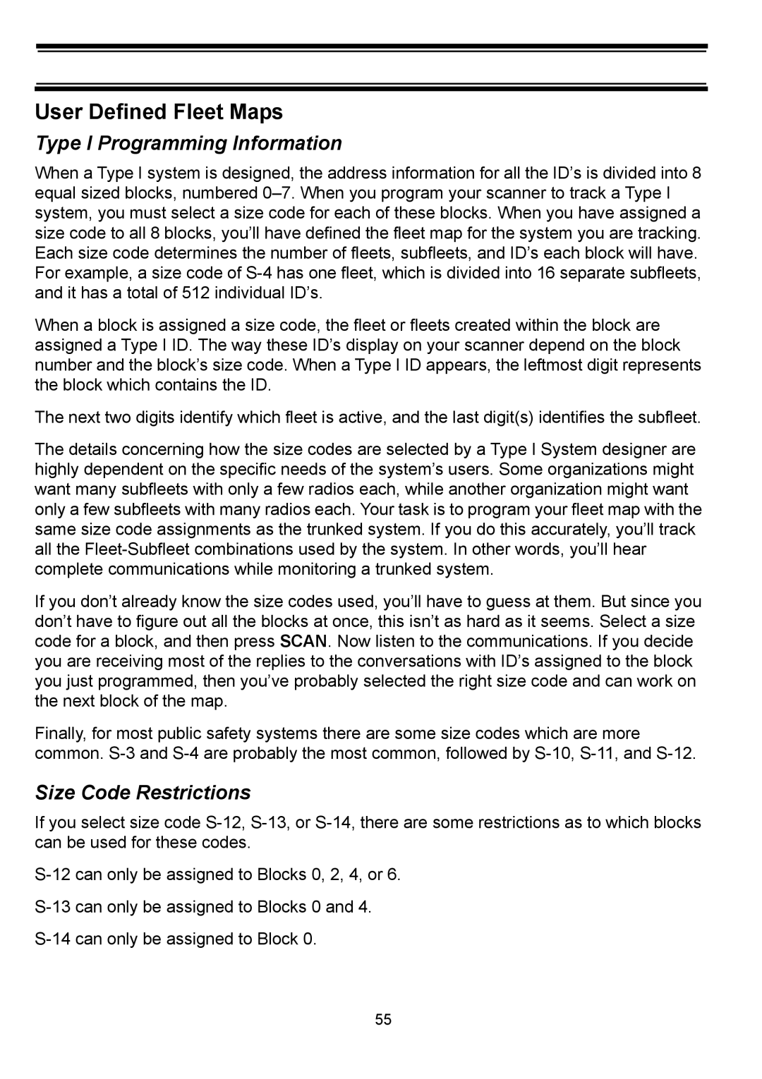 Uniden BC898T manual User Defined Fleet Maps, Type I Programming Information, Size Code Restrictions 
