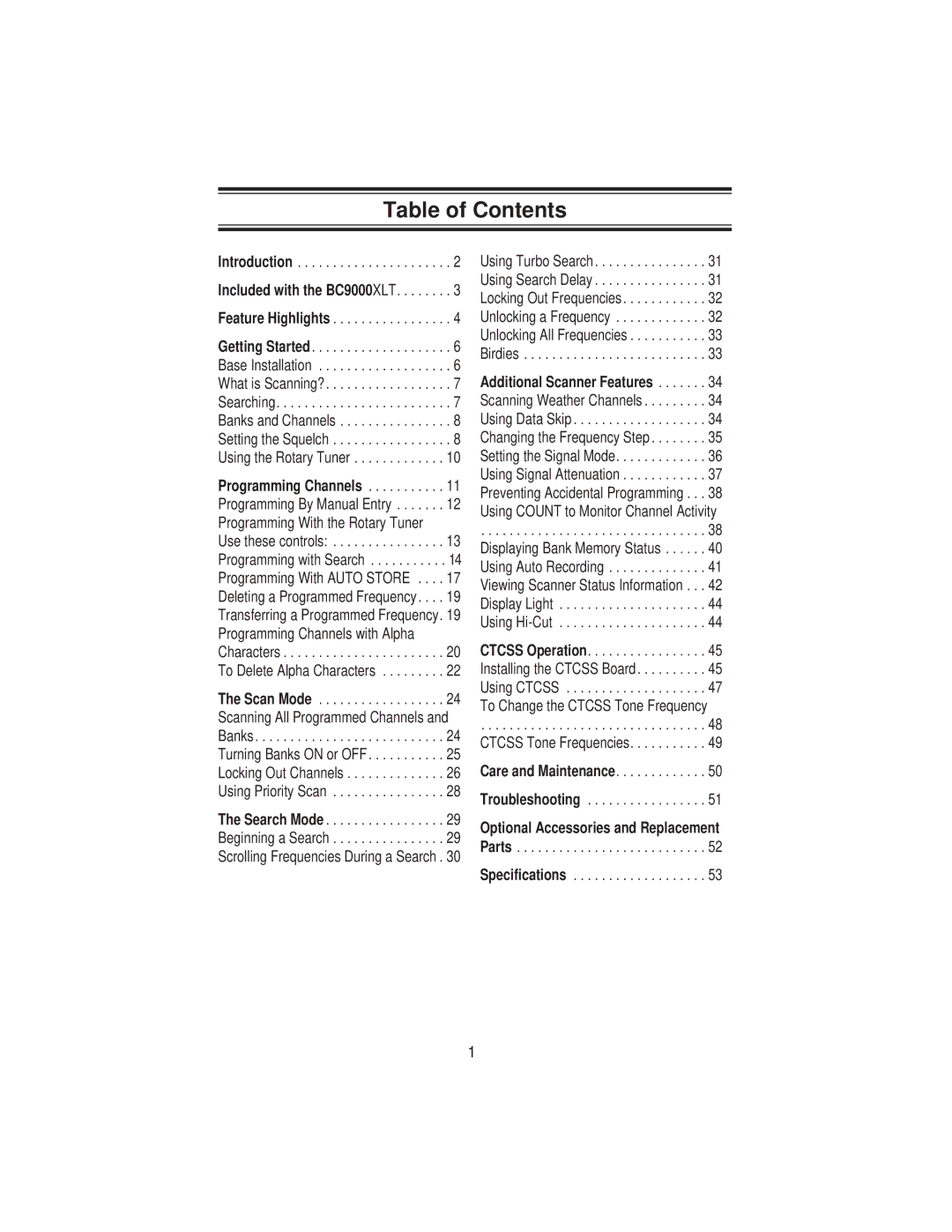 Uniden BC9000XLT specifications Table of Contents 