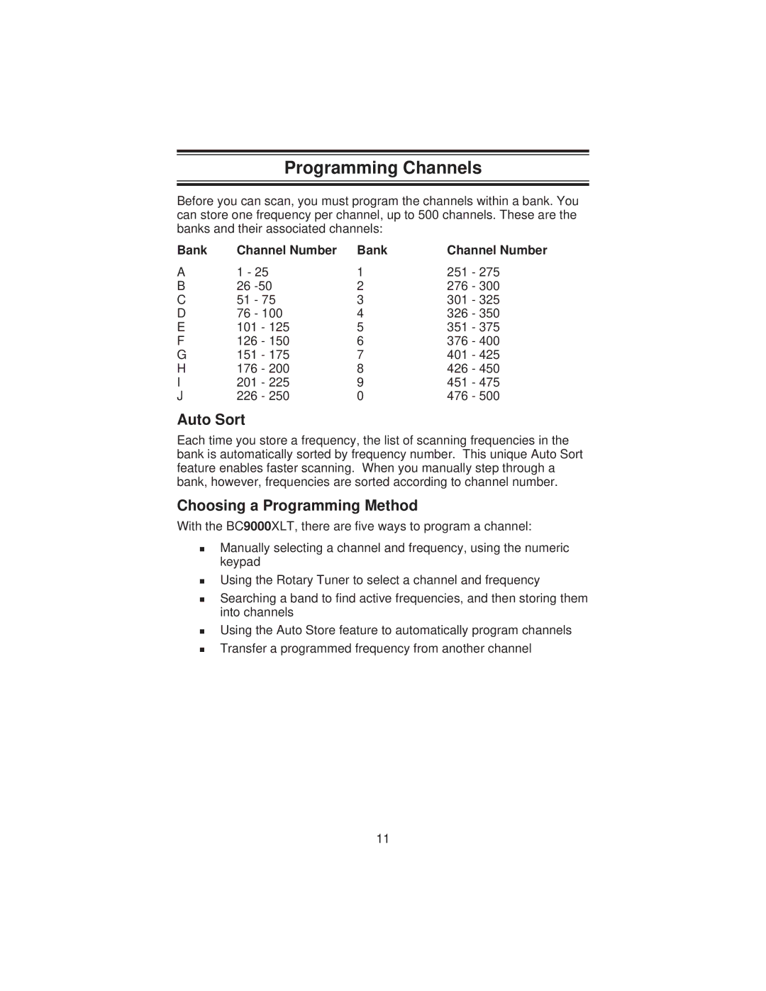 Uniden BC9000XLT specifications Programming Channels, Auto Sort, Choosing a Programming Method 