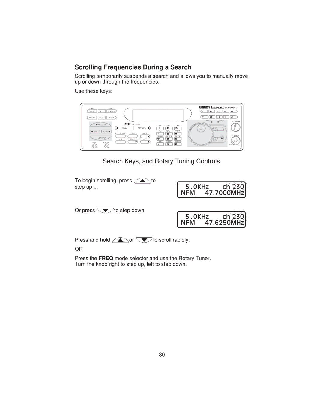 Uniden BC9000XLT specifications Scrolling Frequencies During a Search, Search Keys, and Rotary Tuning Controls 