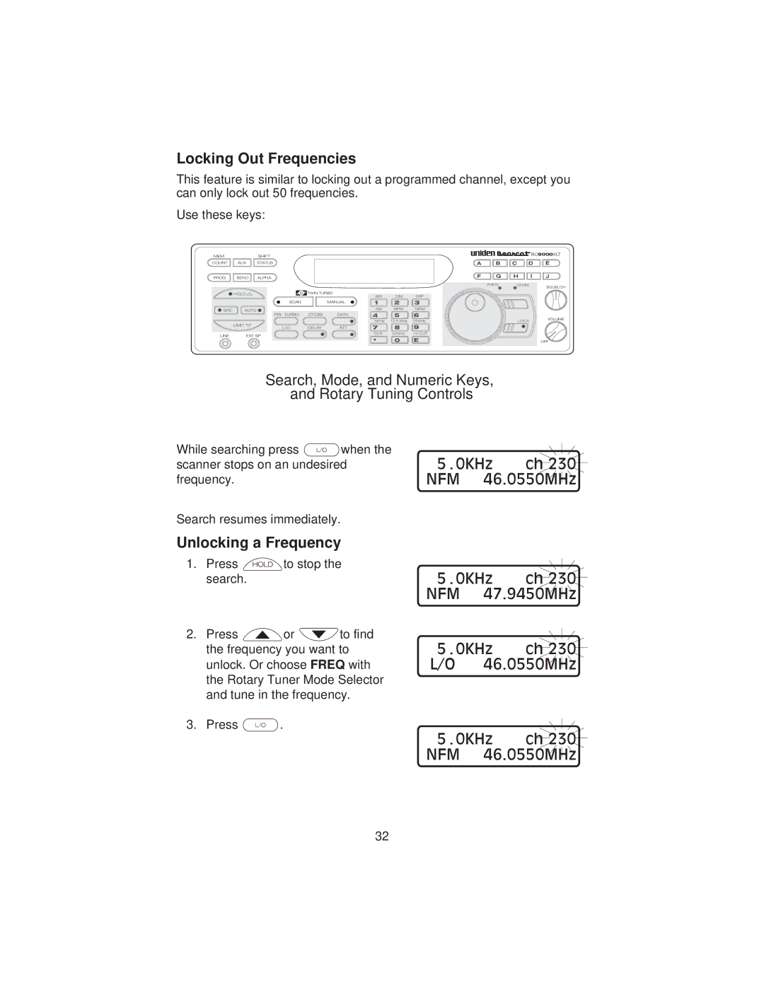 Uniden BC9000XLT specifications Locking Out Frequencies, Unlocking a Frequency 