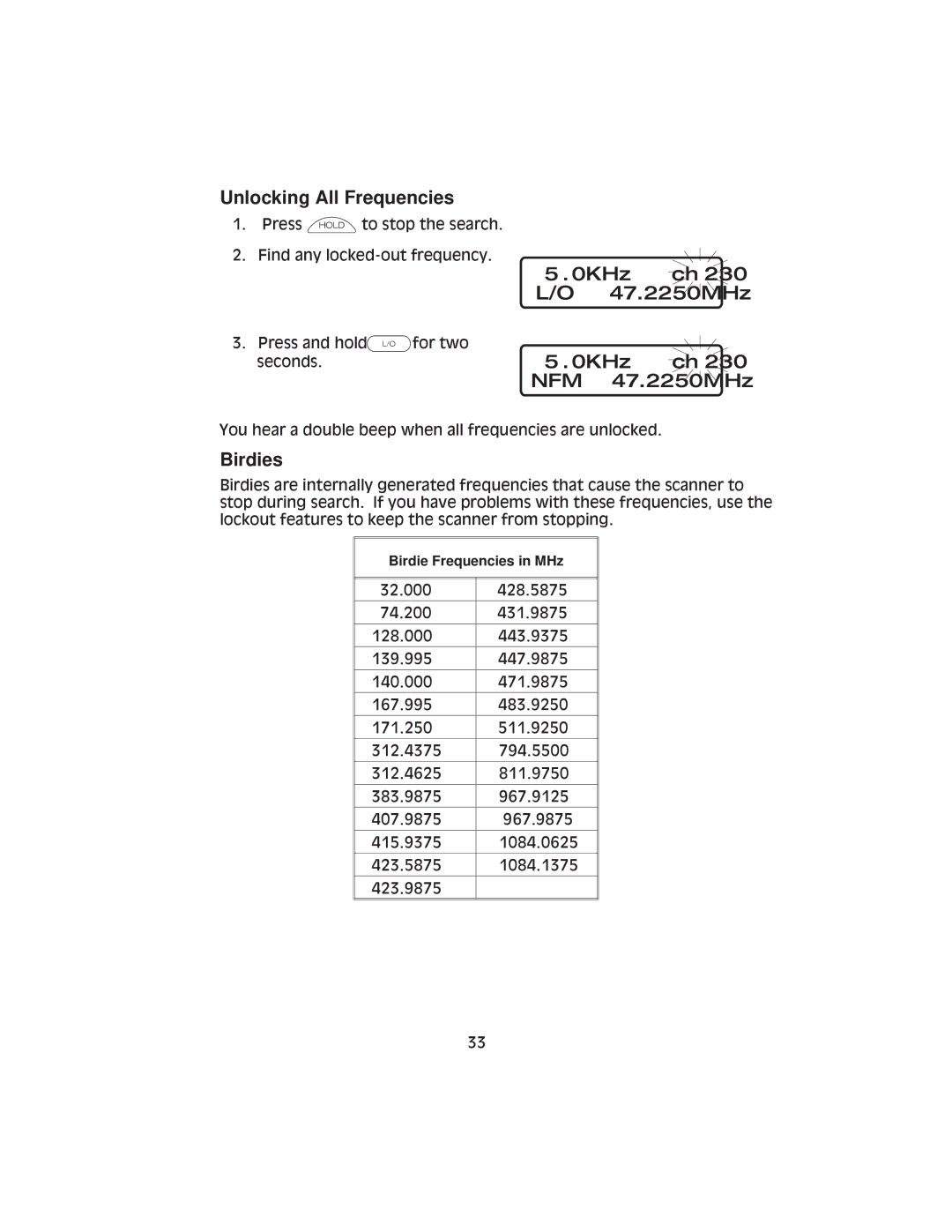 Uniden BC9000XLT specifications Unlocking All Frequencies, 0KHz 47.2250MHz, Birdies 