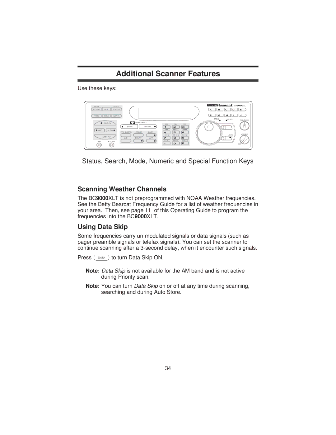 Uniden BC9000XLT Additional Scanner Features, Status, Search, Mode, Numeric and Special Function Keys, Using Data Skip 