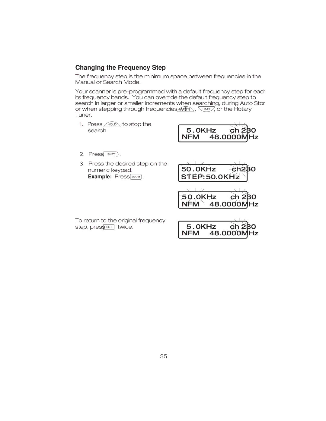 Uniden BC9000XLT specifications Changing the Frequency Step, 0KHz ch 230 NFM 48.0000MHz, KHz ch230 .0KHz 