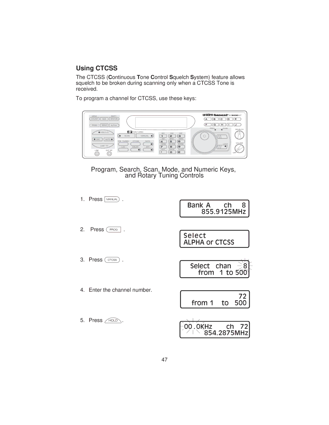 Uniden BC9000XLT specifications Using Ctcss, Select Alpha or Ctcss, KHz ch 72 854.2875MHz 