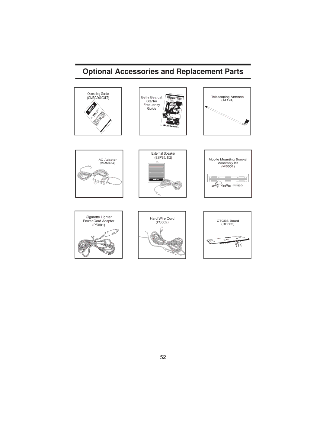 Uniden BC9000XLT specifications Optional Accessories and Replacement Parts 