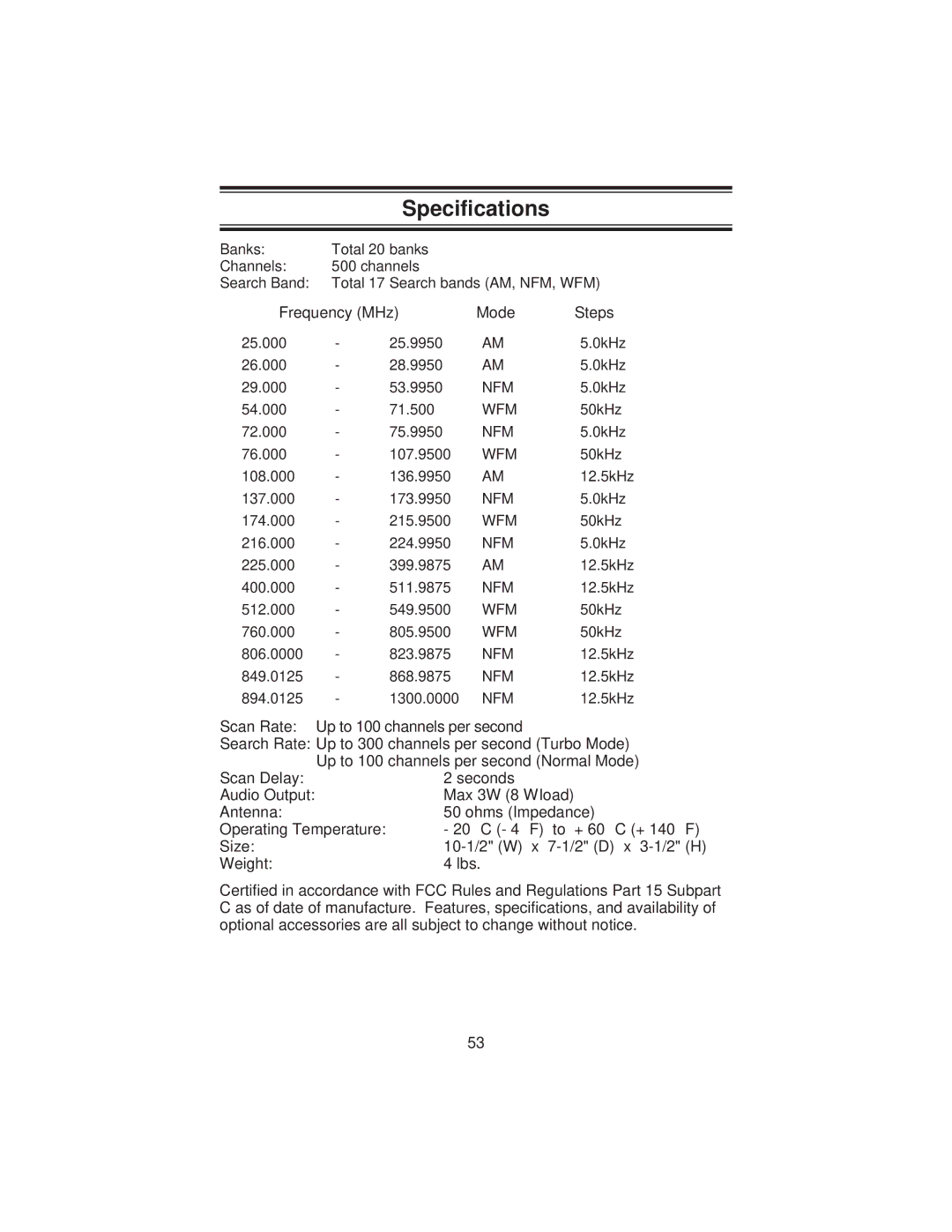 Uniden BC9000XLT specifications Specifications 