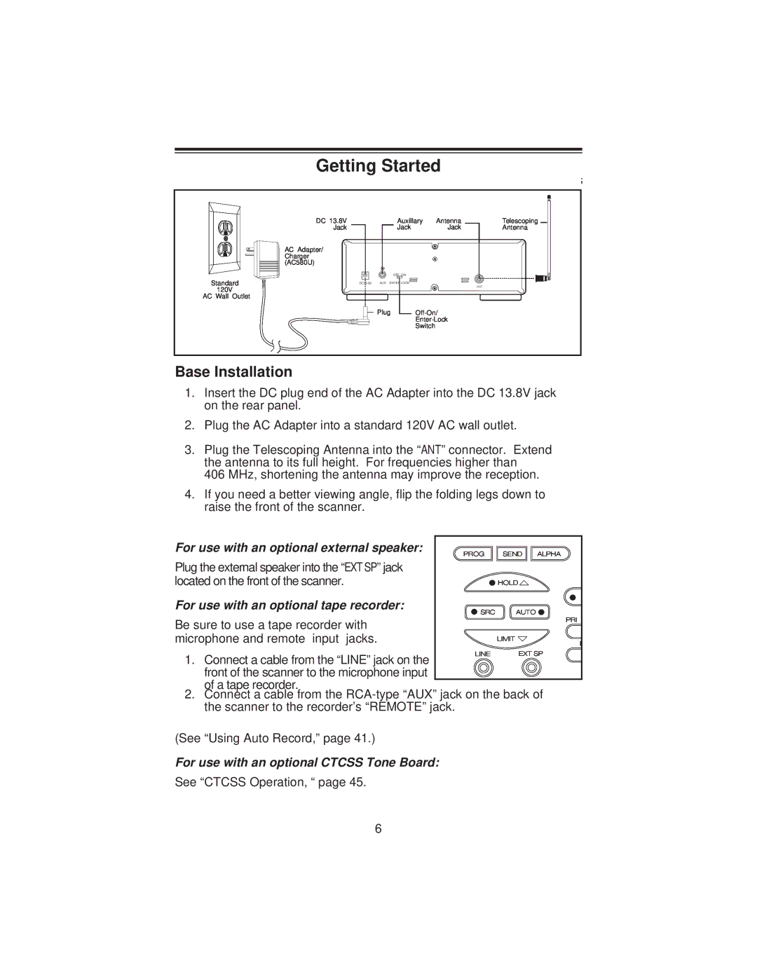 Uniden BC9000XLT specifications Getting Started, Base Installation 