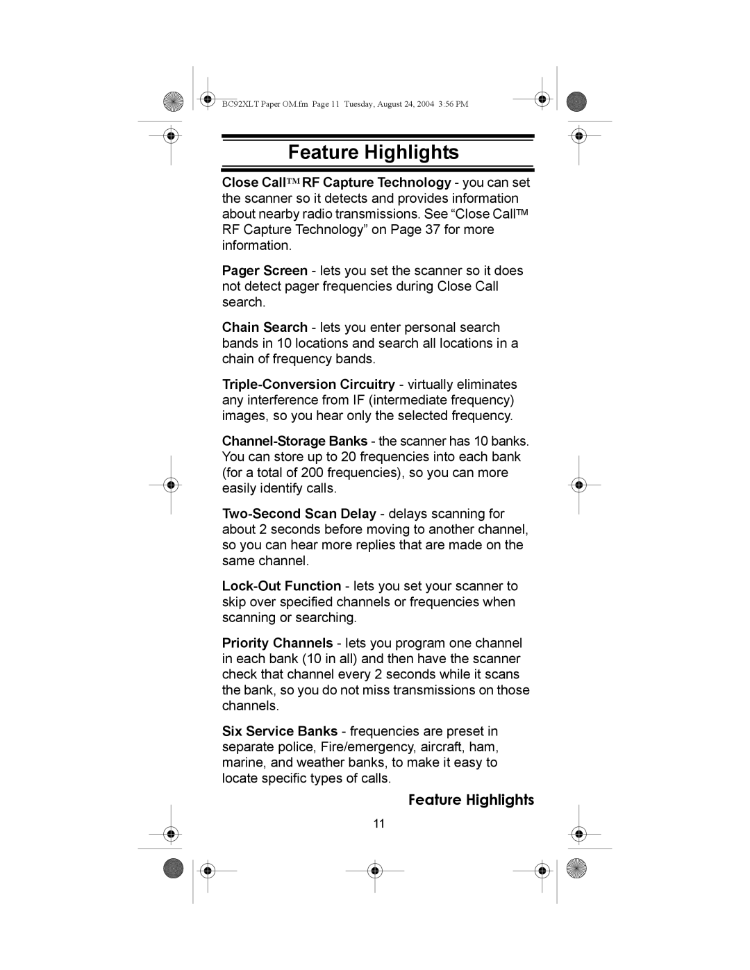 Uniden BC92XLT owner manual Feature Highlights 