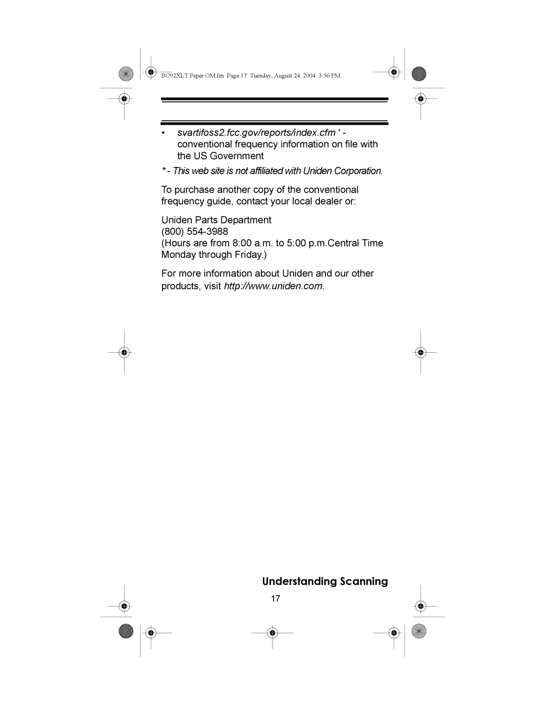 Uniden owner manual BC92XLT Paper OM.fm Page 17 Tuesday, August 24, 2004 356 PM 