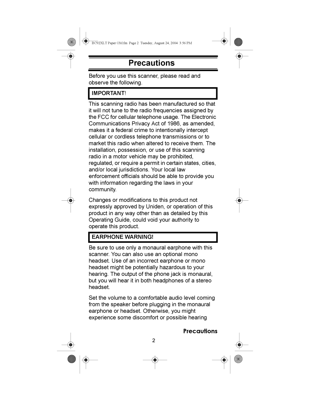 Uniden BC92XLT owner manual Precautions 