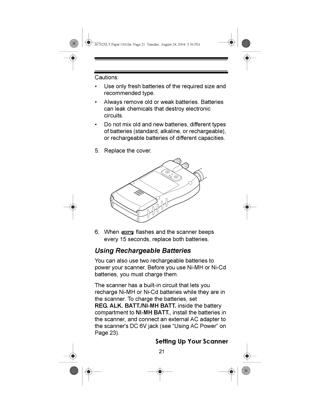 Uniden BC92XLT owner manual Using Rechargeable Batteries 