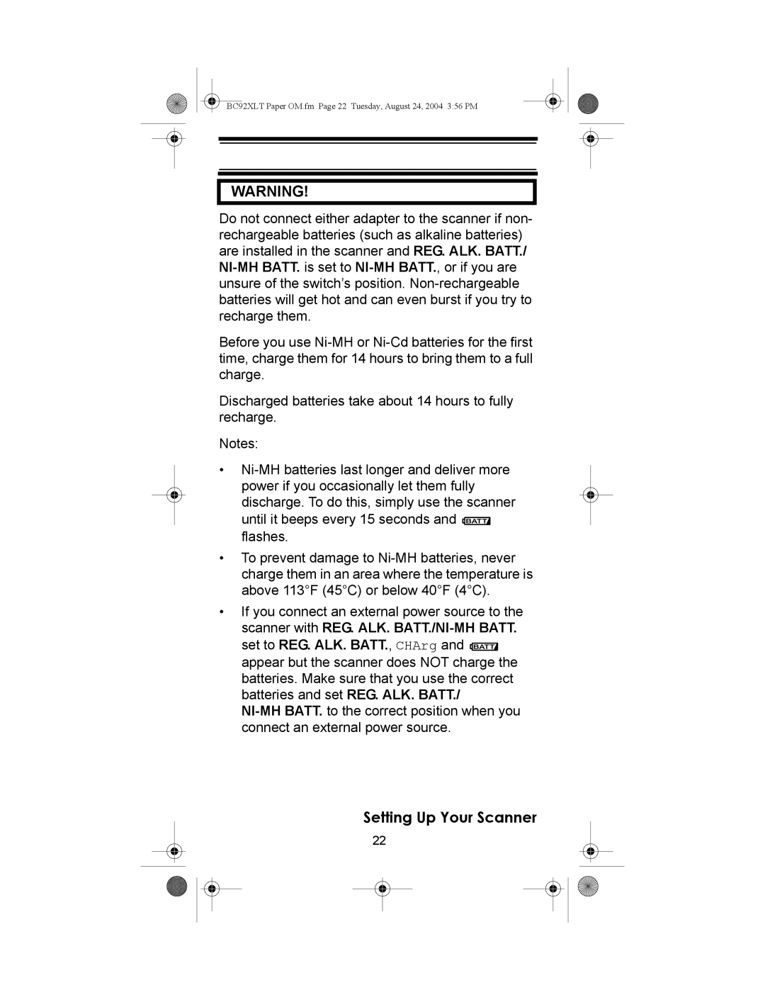 Uniden owner manual BC92XLT Paper OM.fm Page 22 Tuesday, August 24, 2004 356 PM 