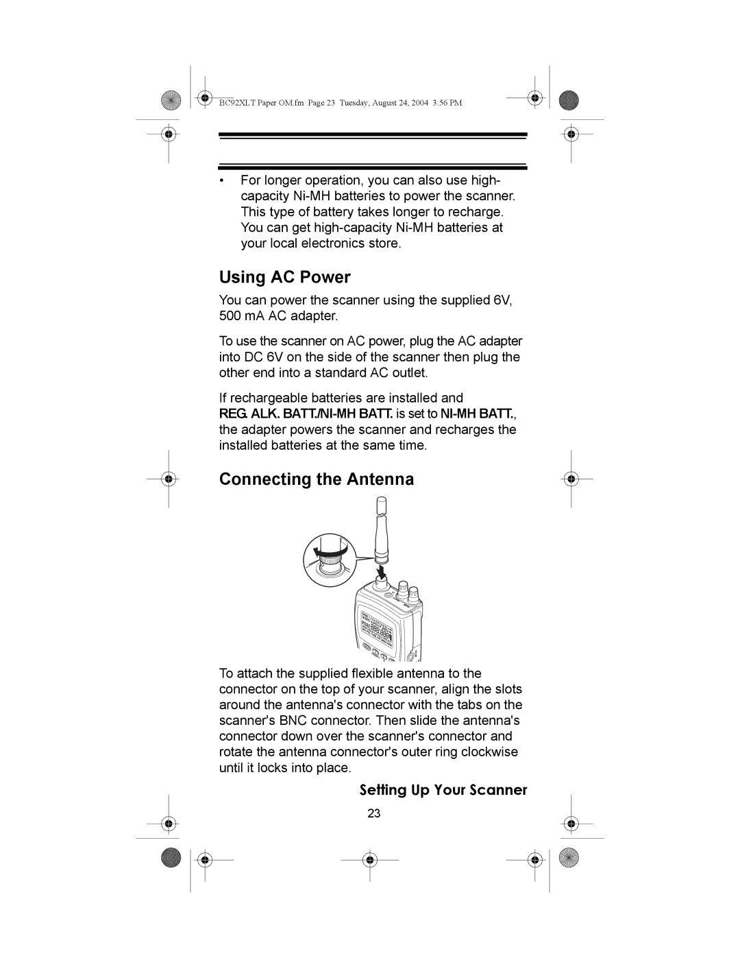 Uniden BC92XLT owner manual Using AC Power, Connecting the Antenna 