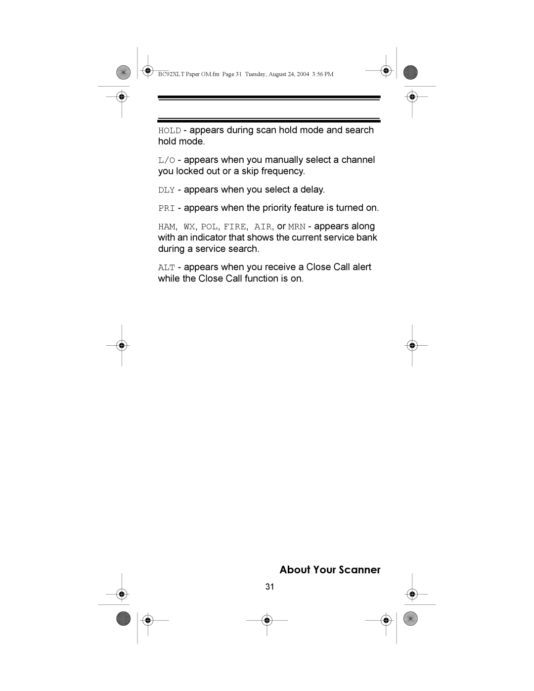 Uniden owner manual BC92XLT Paper OM.fm Page 31 Tuesday, August 24, 2004 356 PM 