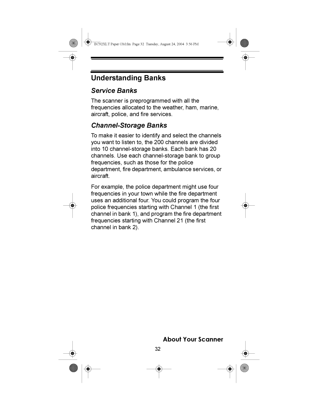 Uniden BC92XLT owner manual Understanding Banks, Service Banks, Channel-Storage Banks 