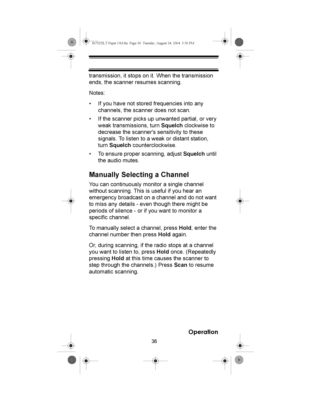 Uniden BC92XLT owner manual Manually Selecting a Channel 