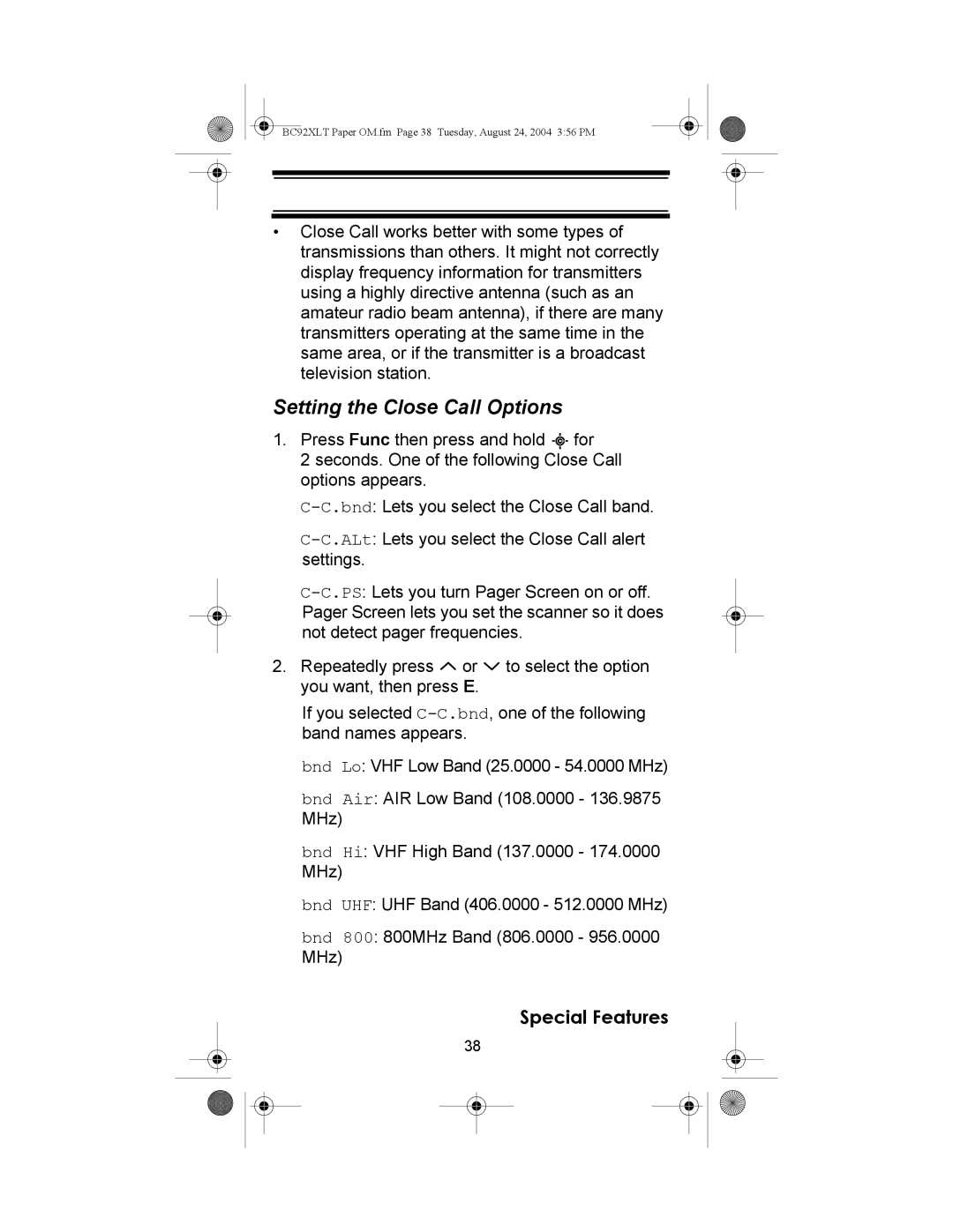 Uniden BC92XLT owner manual Setting the Close Call Options 