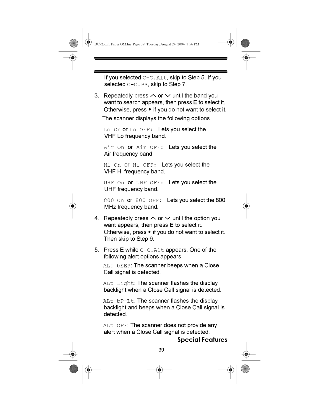 Uniden owner manual BC92XLT Paper OM.fm Page 39 Tuesday, August 24, 2004 356 PM 