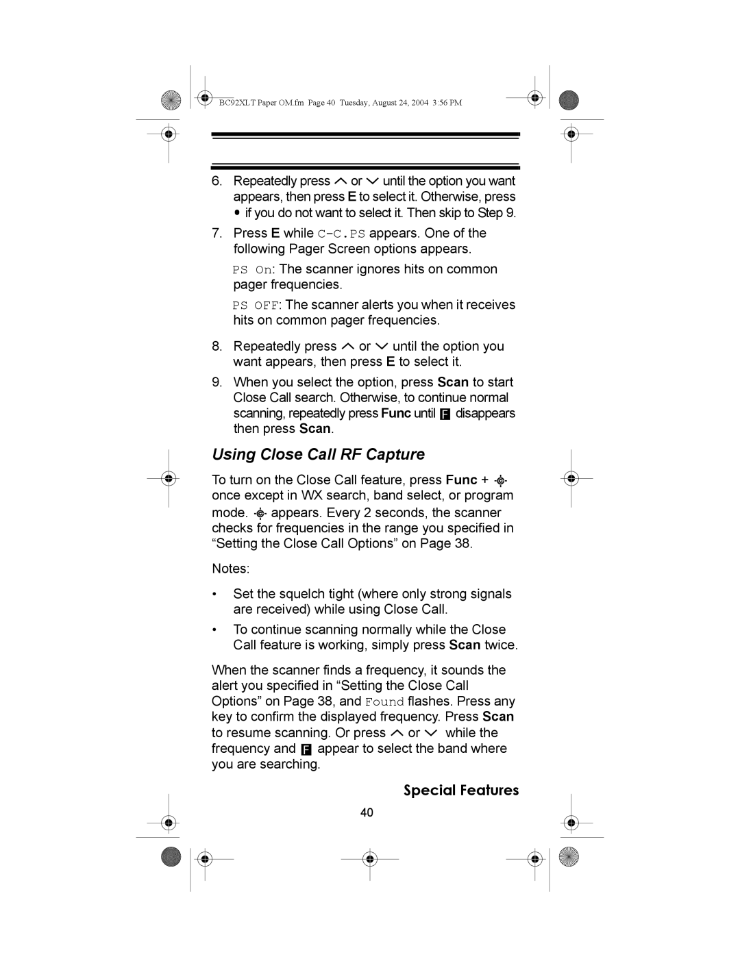 Uniden BC92XLT owner manual Using Close Call RF Capture 