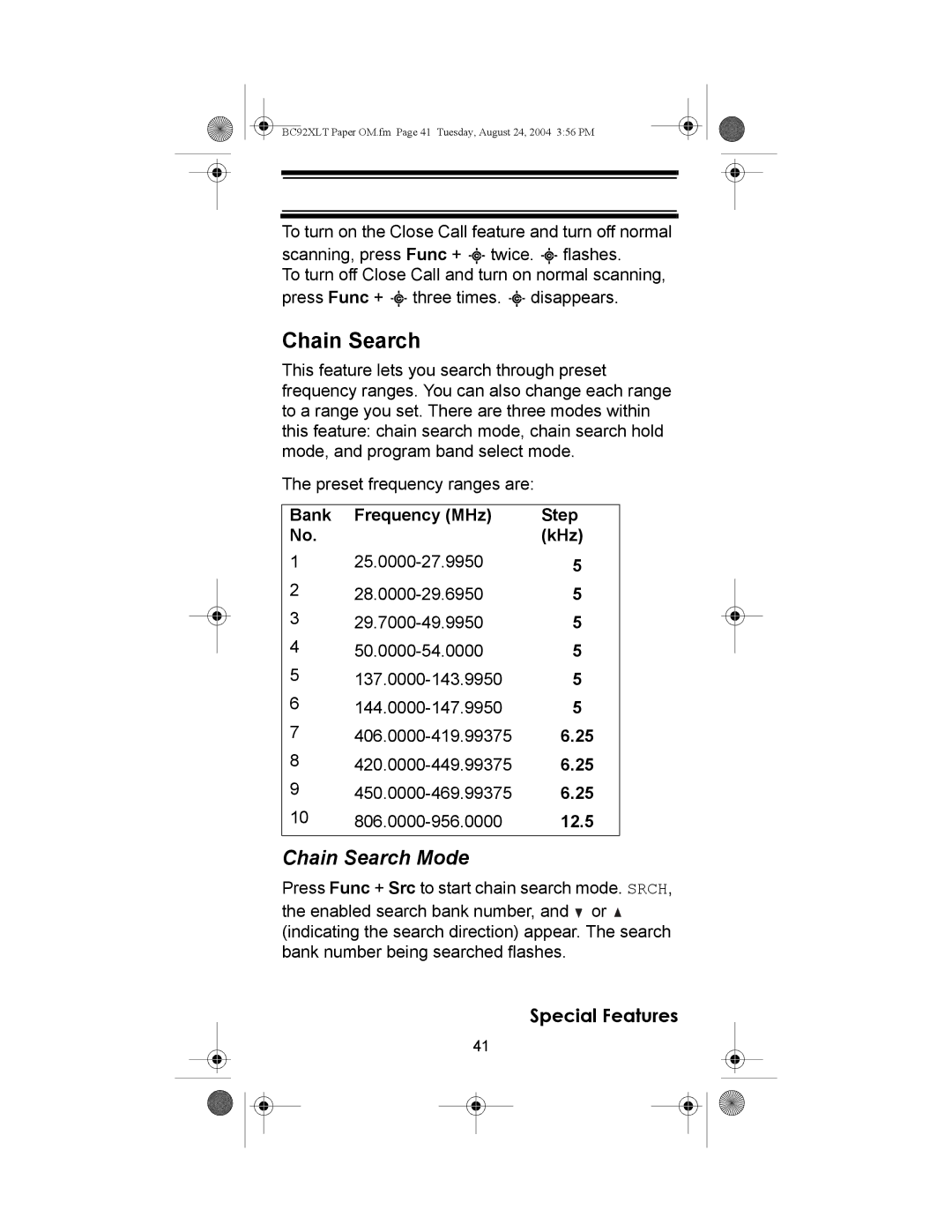 Uniden BC92XLT owner manual Chain Search Mode 