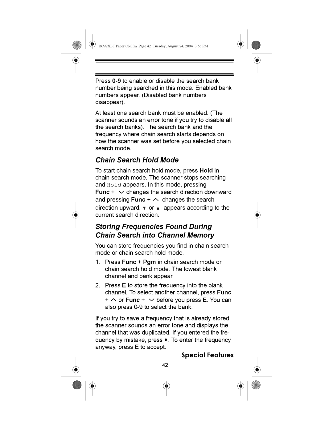 Uniden BC92XLT owner manual Chain Search Hold Mode 