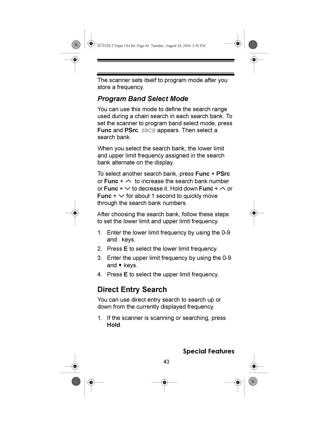 Uniden BC92XLT owner manual Direct Entry Search, Program Band Select Mode 