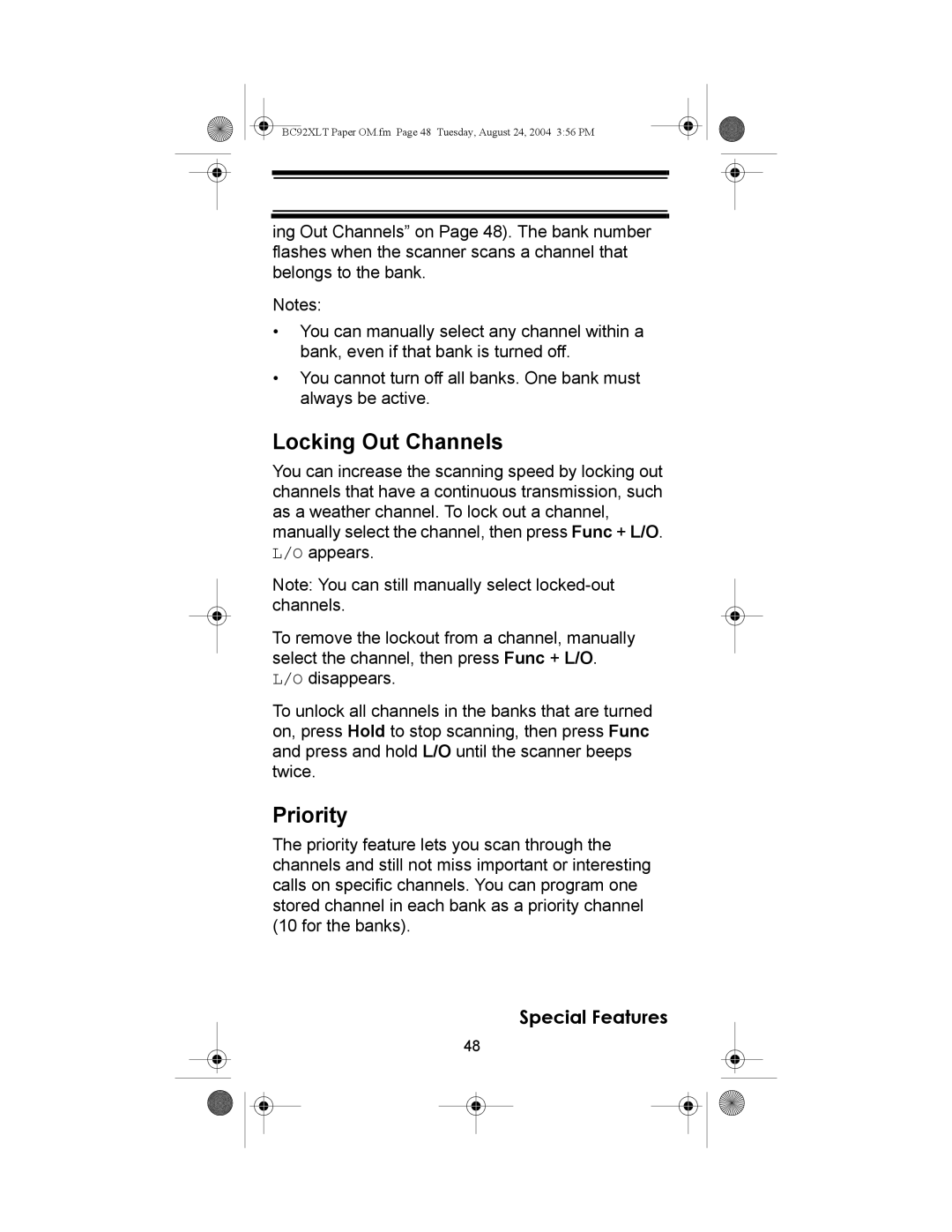 Uniden BC92XLT owner manual Locking Out Channels, Priority 