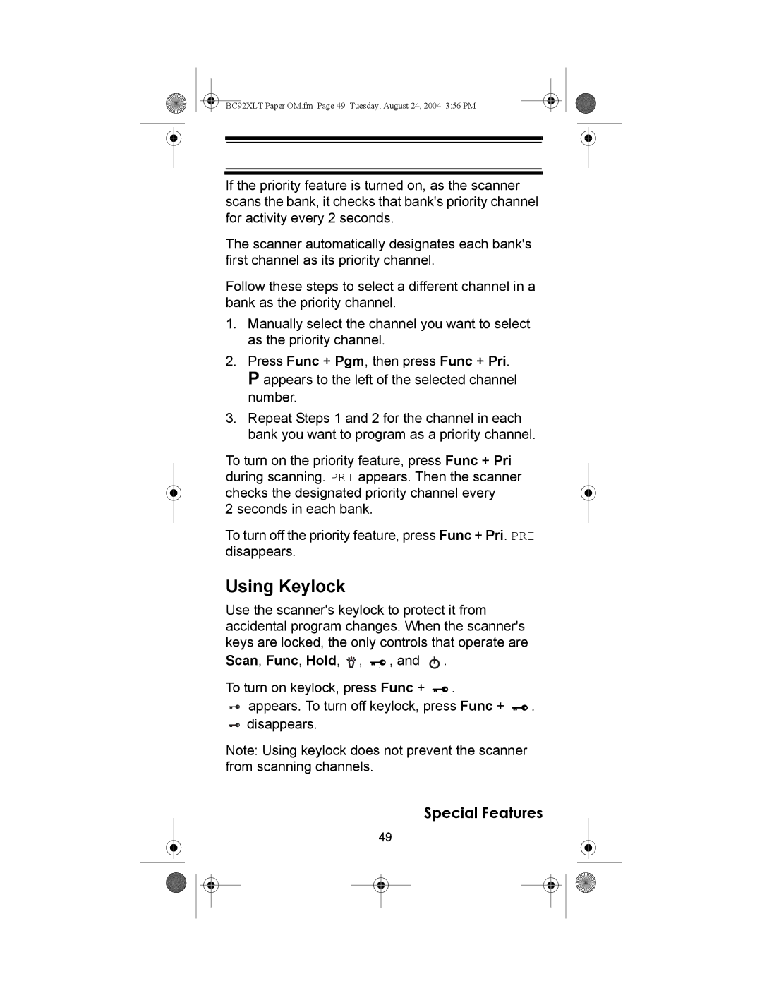 Uniden BC92XLT owner manual Using Keylock 