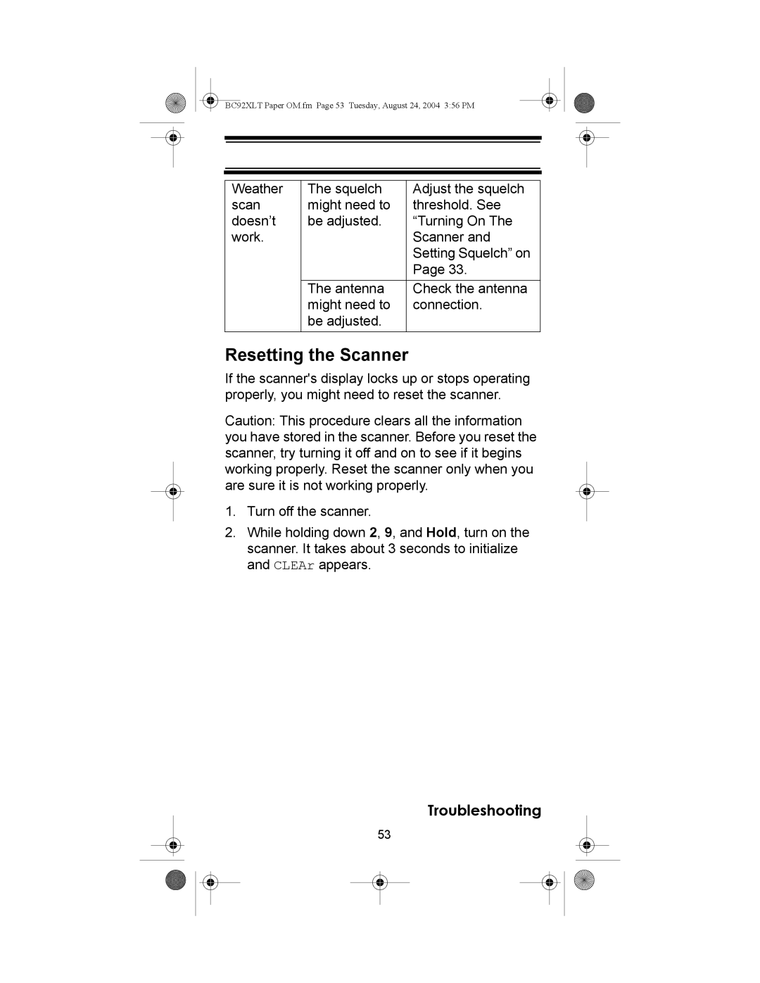 Uniden BC92XLT owner manual Resetting the Scanner 