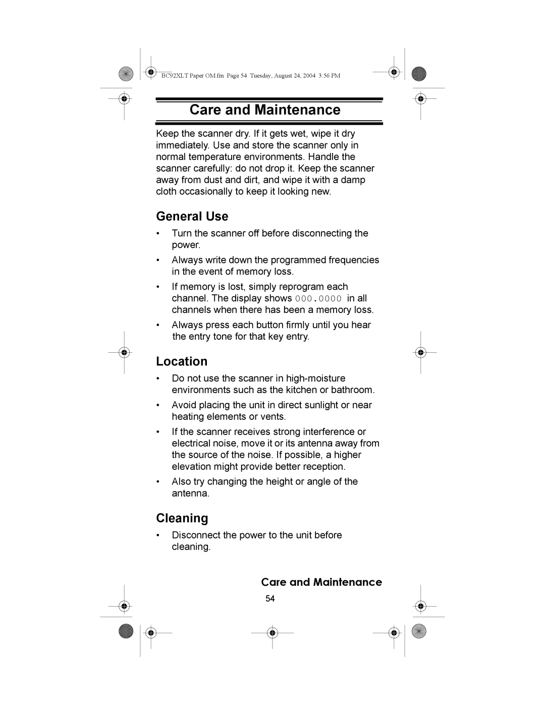 Uniden BC92XLT owner manual Care and Maintenance, General Use, Location, Cleaning 