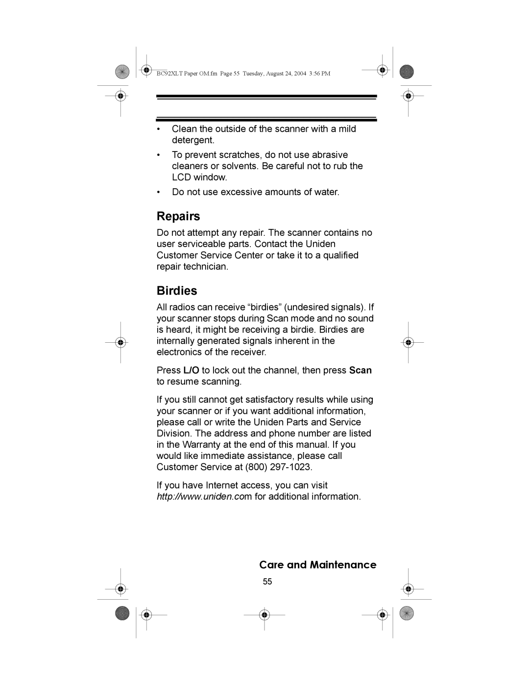 Uniden BC92XLT owner manual Repairs, Birdies 