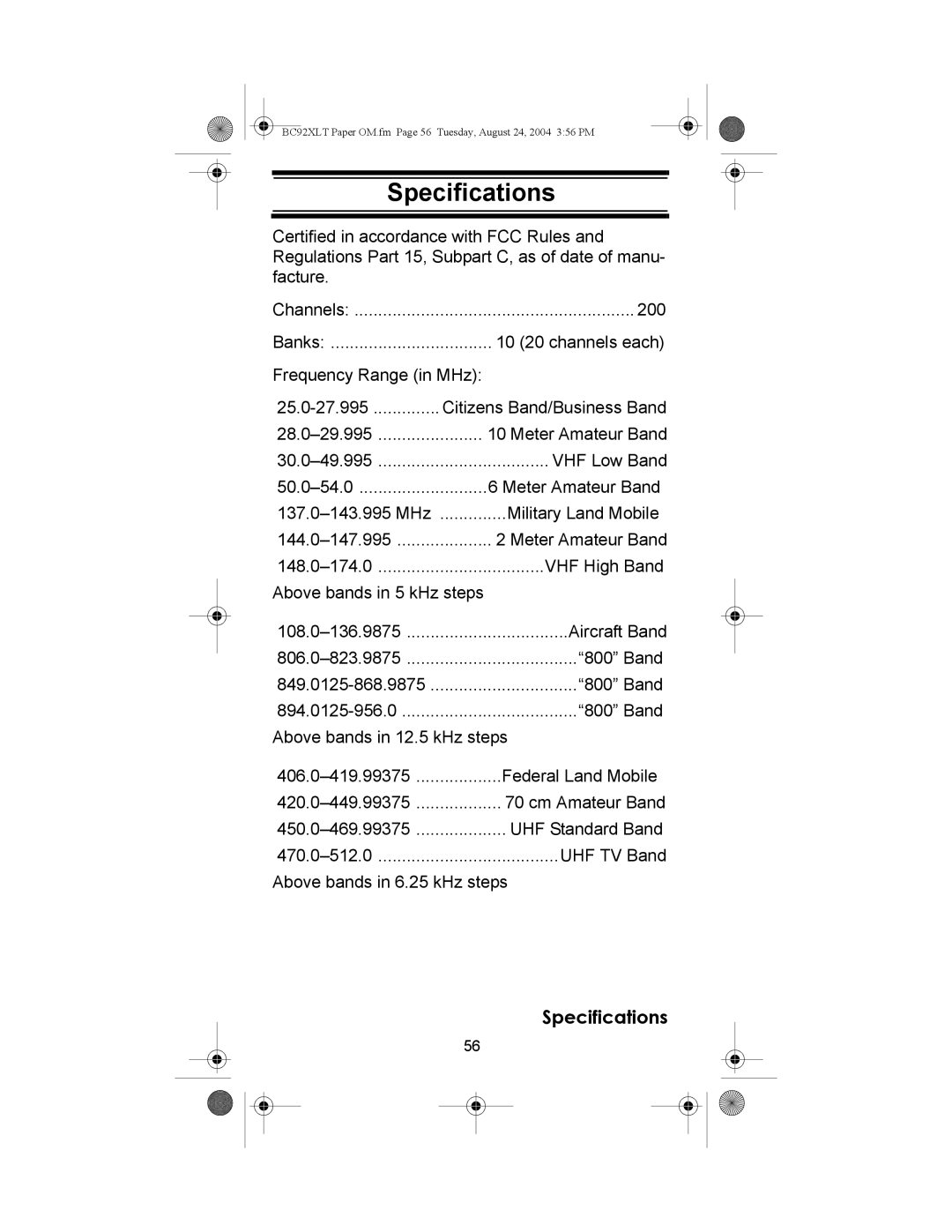 Uniden BC92XLT owner manual Specifications 