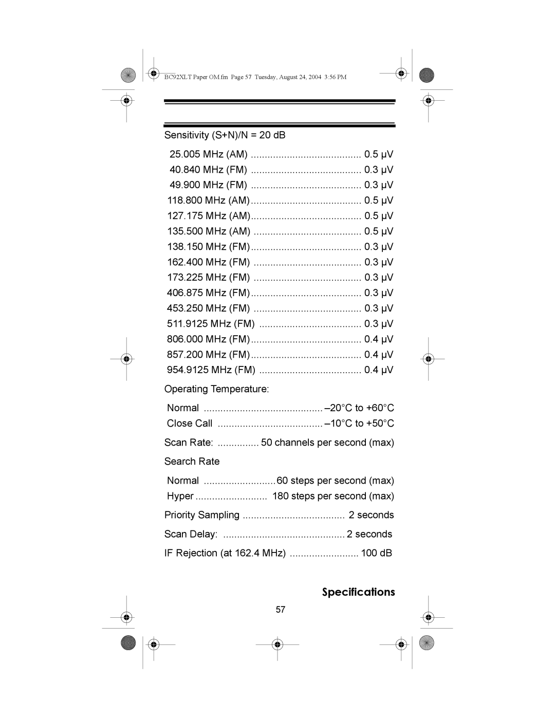 Uniden BC92XLT owner manual Sensitivity S+N/N = 20 dB 