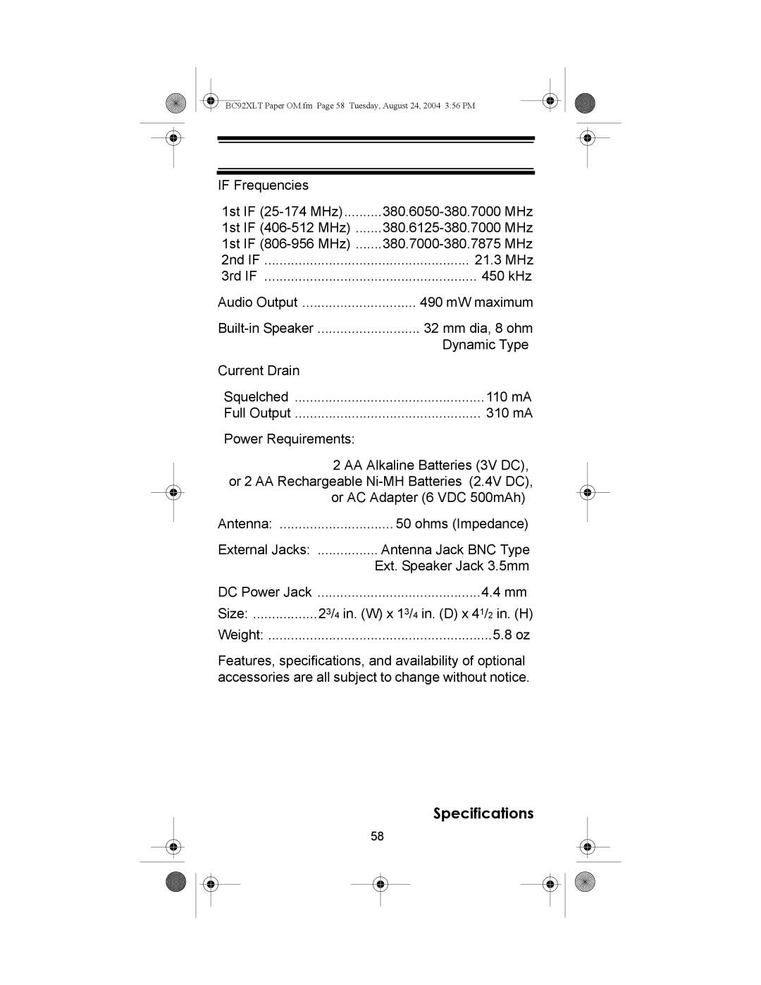 Uniden BC92XLT owner manual 21.3 MHz 