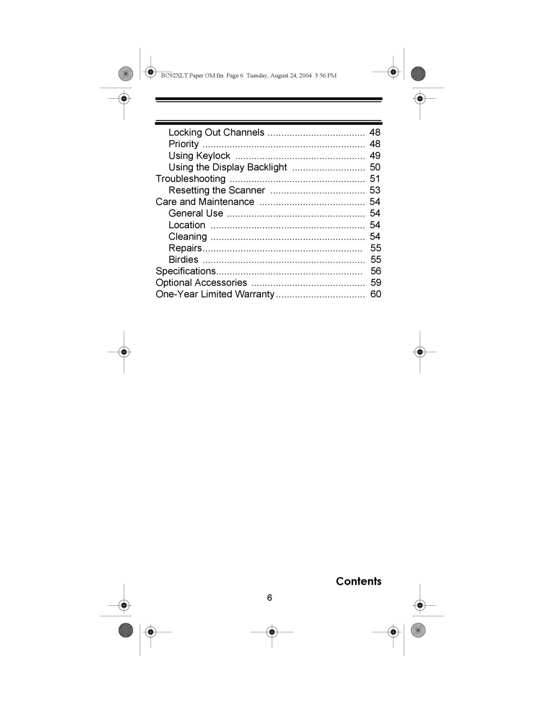 Uniden owner manual BC92XLT Paper OM.fm Page 6 Tuesday, August 24, 2004 356 PM 