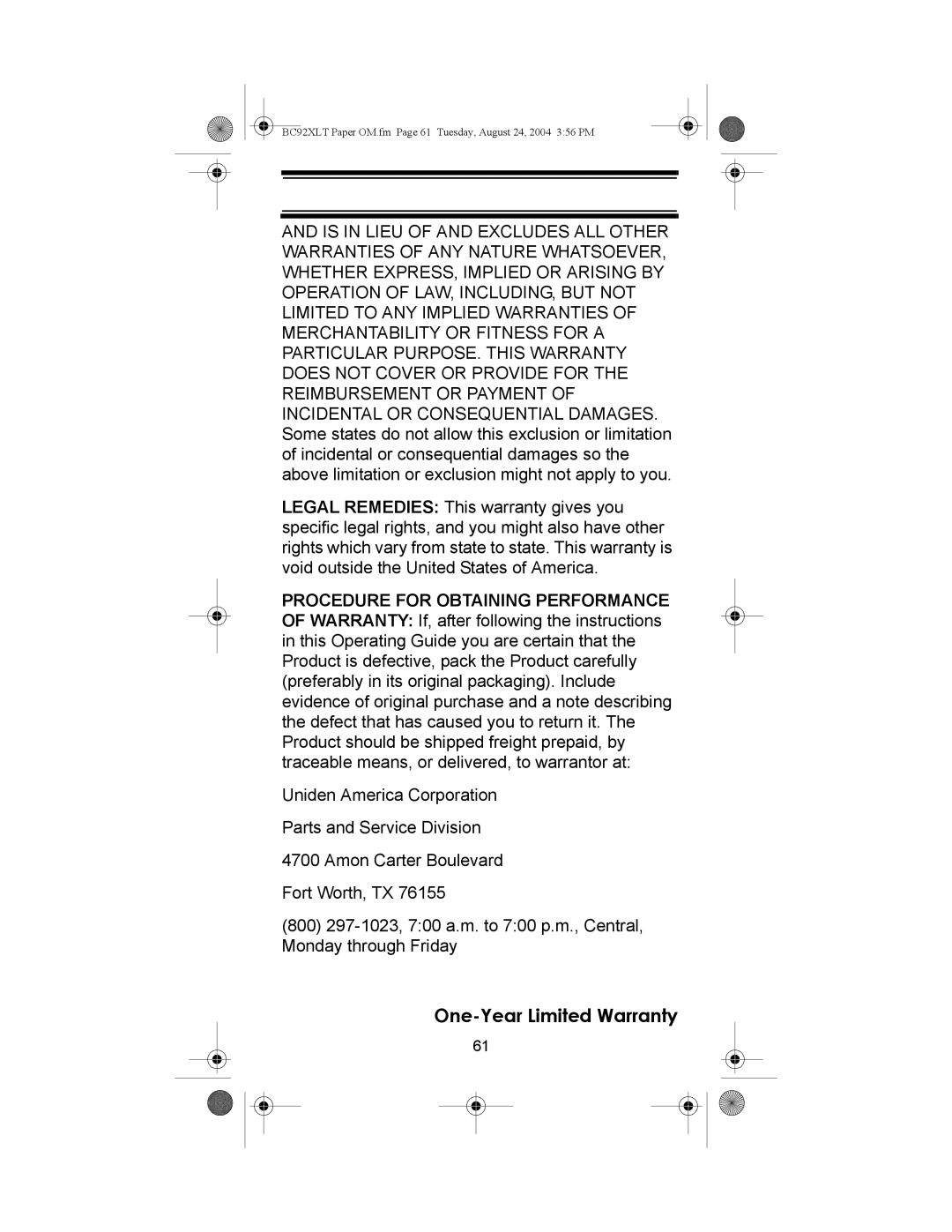 Uniden owner manual BC92XLT Paper OM.fm Page 61 Tuesday, August 24, 2004 356 PM 