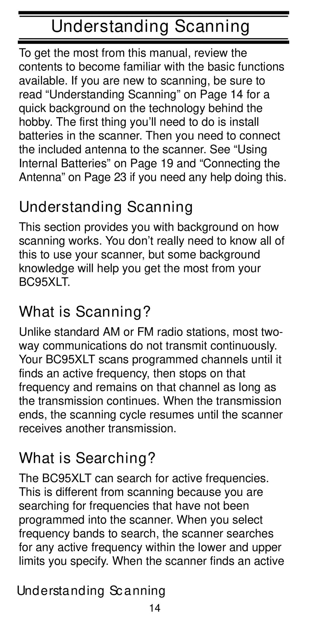 Uniden BC95XLT Understanding Scanning, What is Scanning?, What is Searching?, UnderstandingFeature HighlightsScanning 