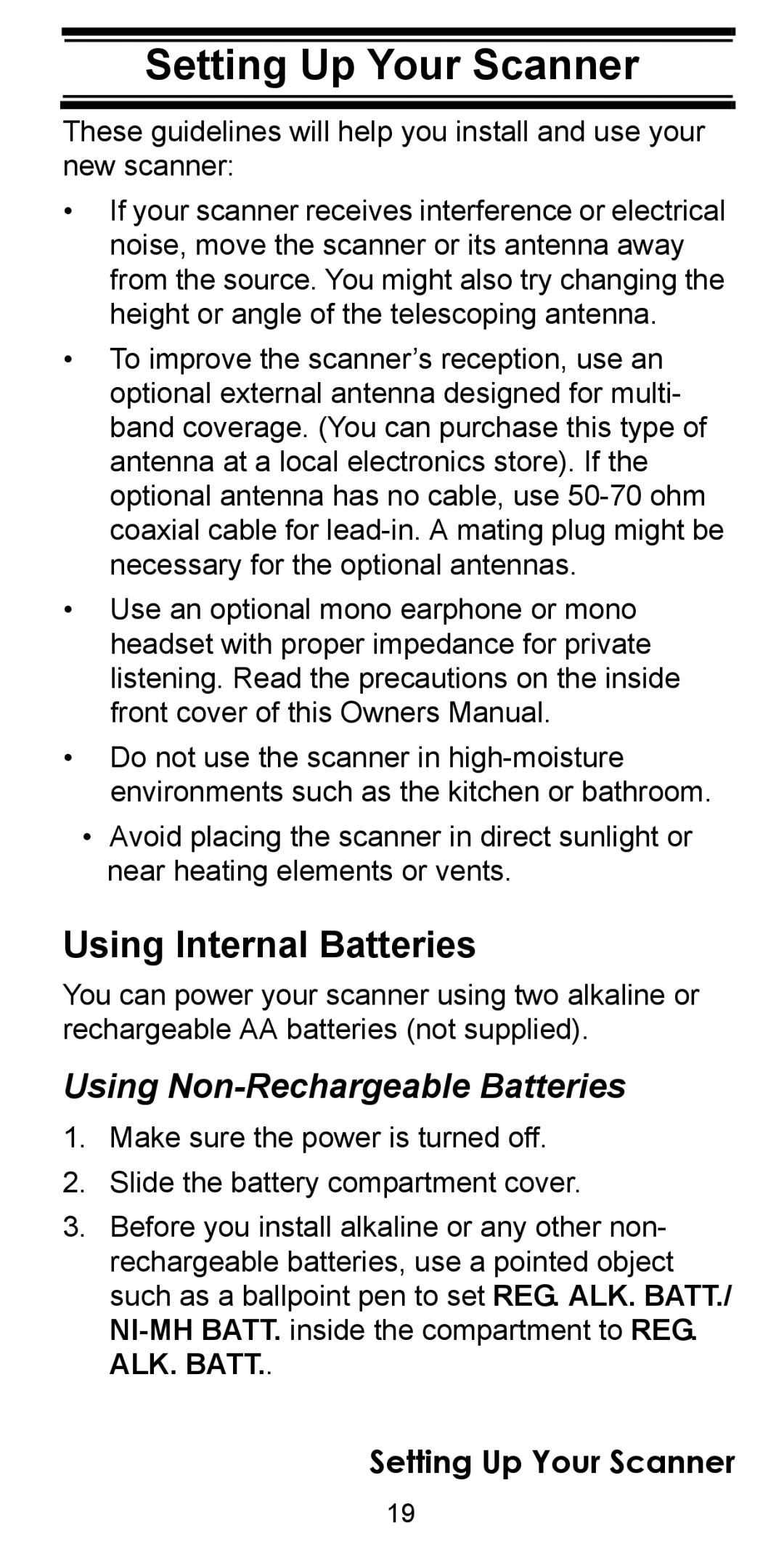 Uniden BC95XLT manual Setting Up Your Scanner, Using Internal Batteries, Using Non-Rechargeable Batteries 