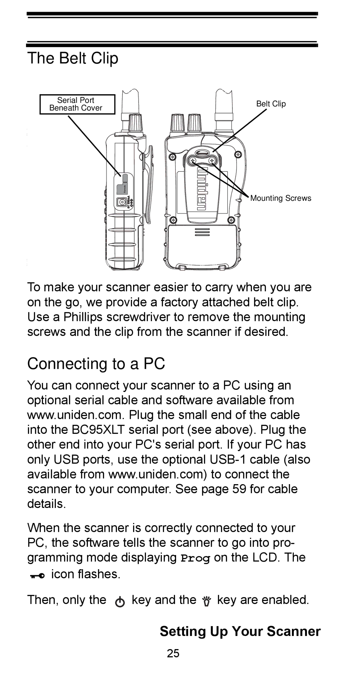 Uniden BC95XLT manual Belt Clip, Connecting to a PC 